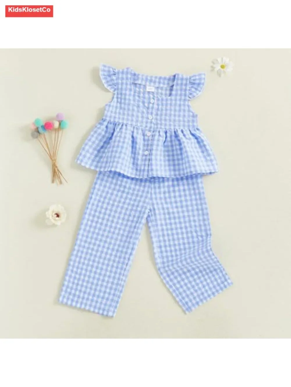 Girls Summer Outfit Set Ruffle Sleeve Button Up Top Plaid Pants Toddler Clothes